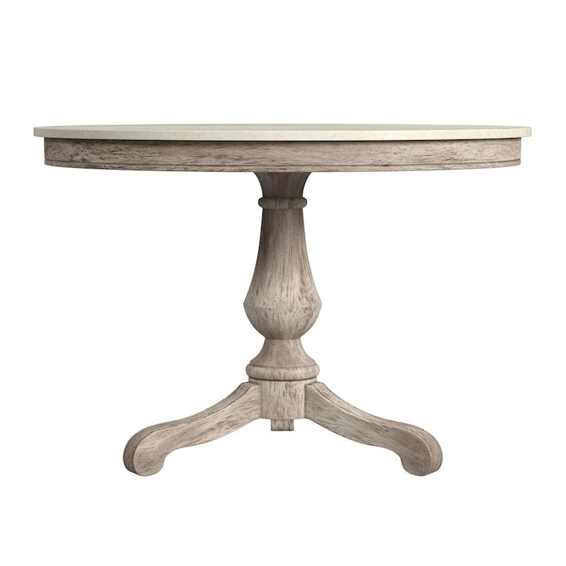Table à manger ronde à plateau en marbre et pied en bois sculpté beige gris