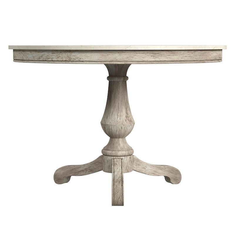 Table à manger ronde à plateau en marbre et pied en bois sculpté beige gris