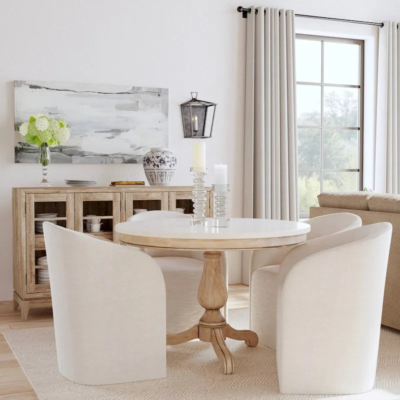 Table à manger ronde à plateau en marbre et pied en bois sculpté beige gris