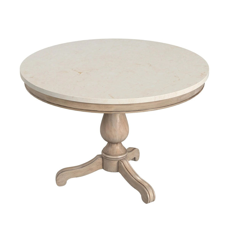Table à manger ronde à plateau en marbre et pied en bois sculpté beige gris