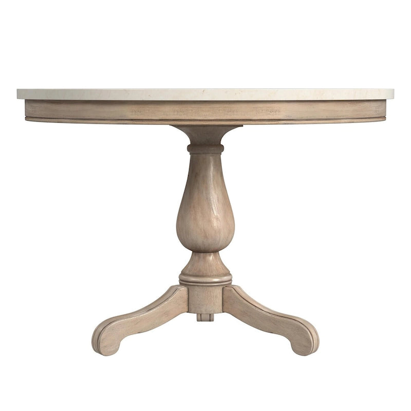 Table à manger ronde à plateau en marbre et pied en bois sculpté beige gris