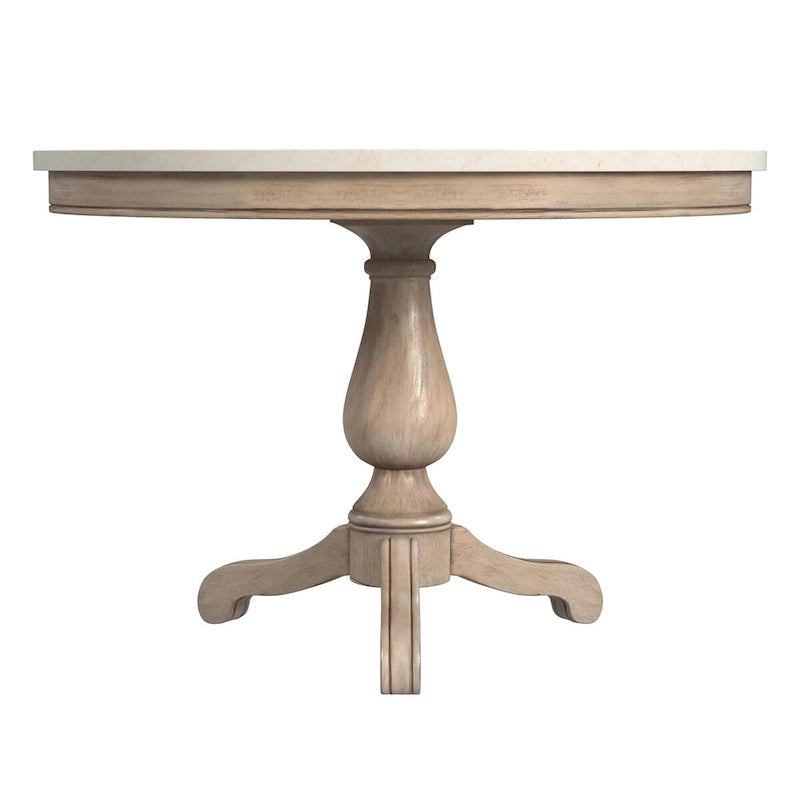 Table à manger ronde à plateau en marbre et pied en bois sculpté beige gris