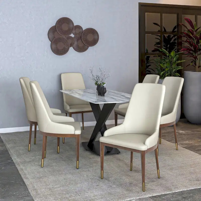 Chaise de salle à manger à dossier haut en cuir avec pieds en hévéa, gris foncé