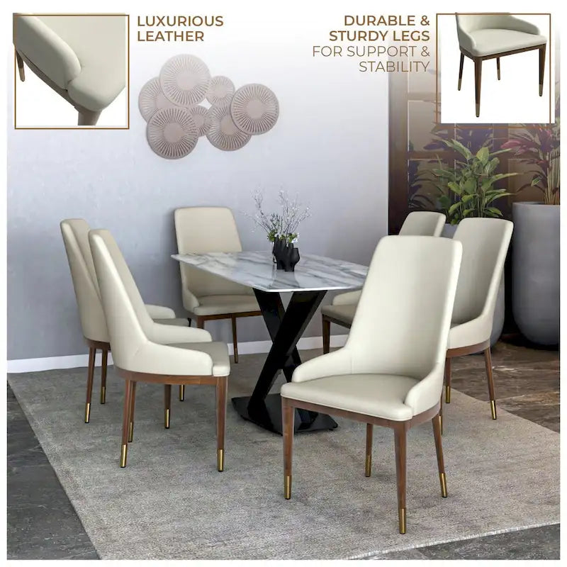 Chaise de salle à manger à dossier haut en cuir avec pieds en hévéa, gris foncé