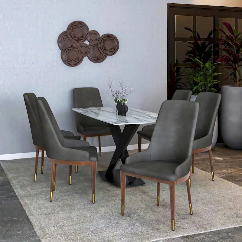 Chaise de salle à manger à dossier haut en cuir avec pieds en hévéa, gris foncé