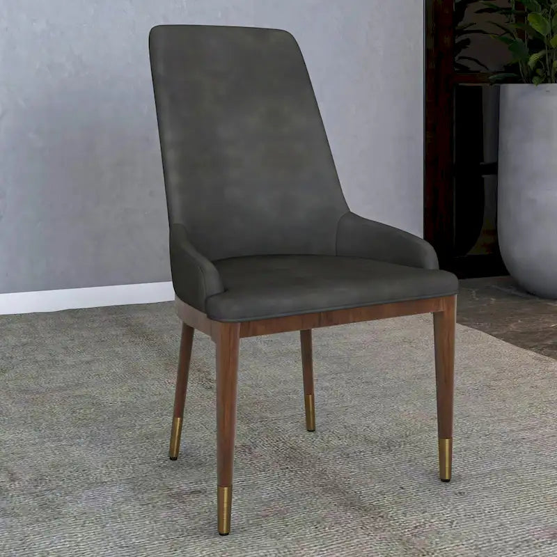 Chaise de salle à manger à dossier haut en cuir avec pieds en hévéa, gris foncé