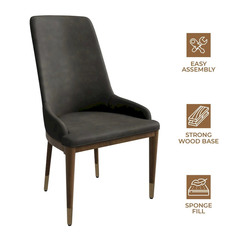 Chaise de salle à manger à dossier haut en cuir avec pieds en hévéa, gris foncé