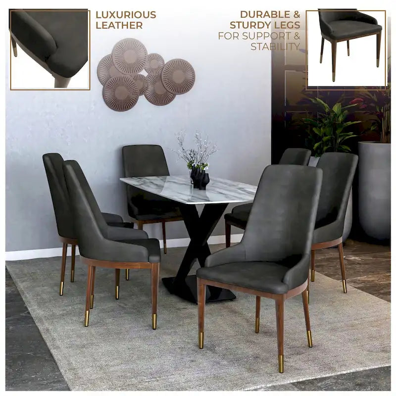 Chaise de salle à manger à dossier haut en cuir avec pieds en hévéa, gris foncé