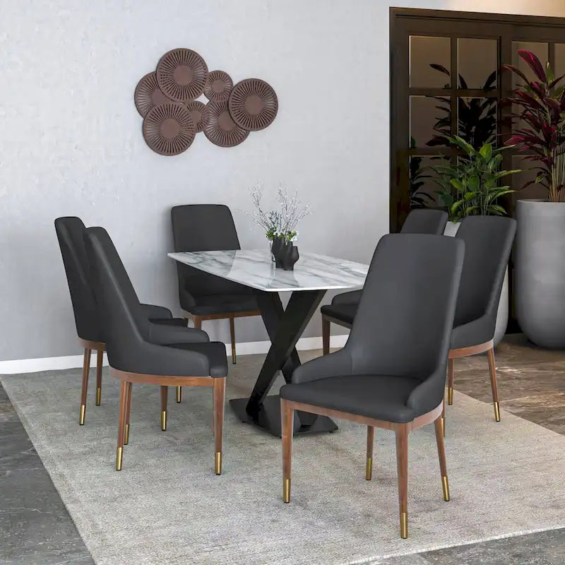 Chaise de salle à manger à dossier haut en cuir avec pieds en hévéa, gris foncé