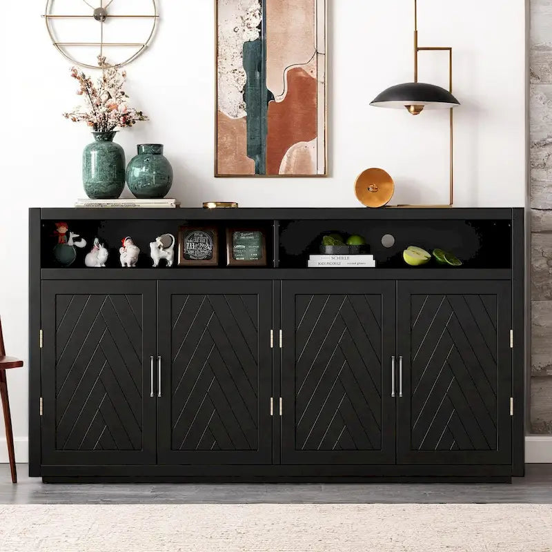 Buffet 4 portes à chevrons avec étagère ouverte et rangement réglable, noir