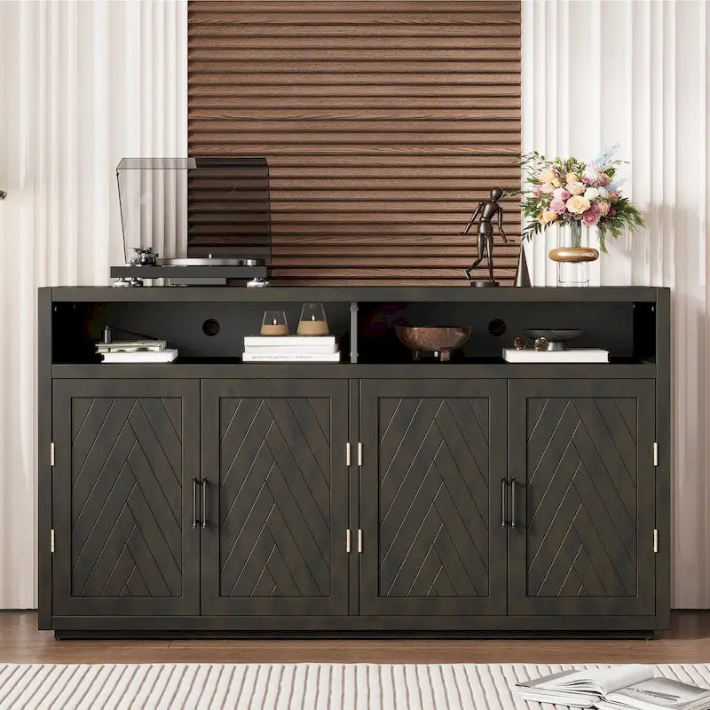 Buffet 4 portes à chevrons avec étagère ouverte et rangement réglable, noir