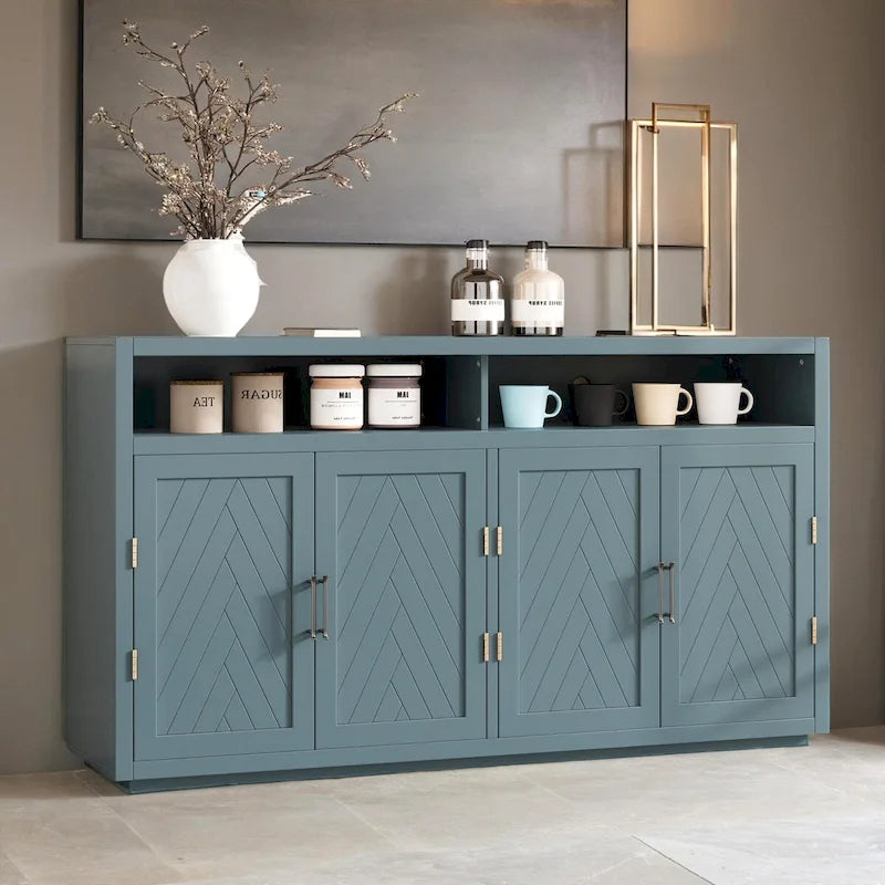 Buffet 4 portes à chevrons avec étagère ouverte et rangement réglable, noir