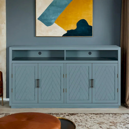 Buffet 4 portes à chevrons avec étagère ouverte et rangement réglable, noir