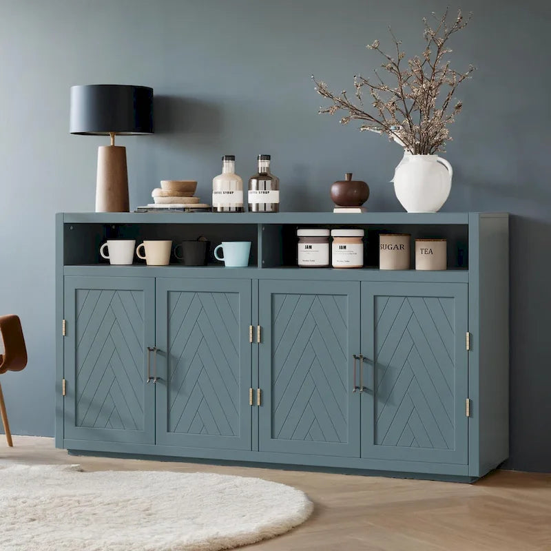 Buffet 4 portes à chevrons avec étagère ouverte et rangement réglable, noir