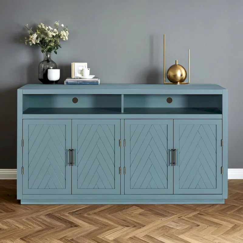 Buffet 4 portes à chevrons avec étagère ouverte et rangement réglable, noir
