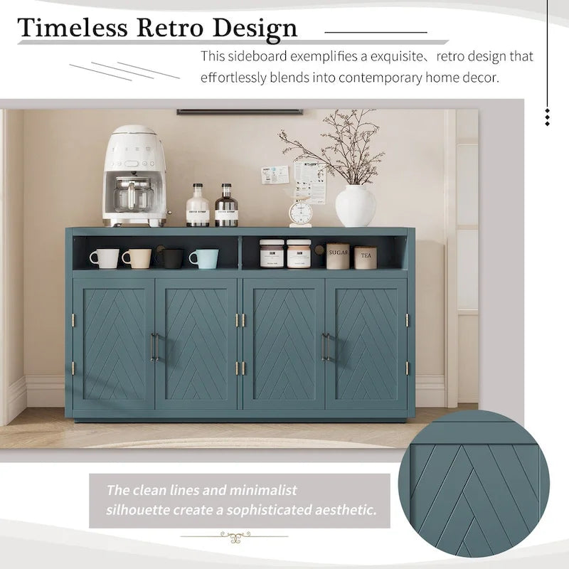 Buffet 4 portes à chevrons avec étagère ouverte et rangement réglable, noir
