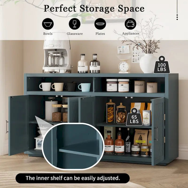 Buffet 4 portes à chevrons avec étagère ouverte et rangement réglable, noir
