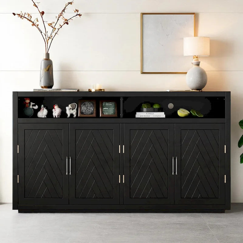 Buffet 4 portes à chevrons avec étagère ouverte et rangement réglable, noir