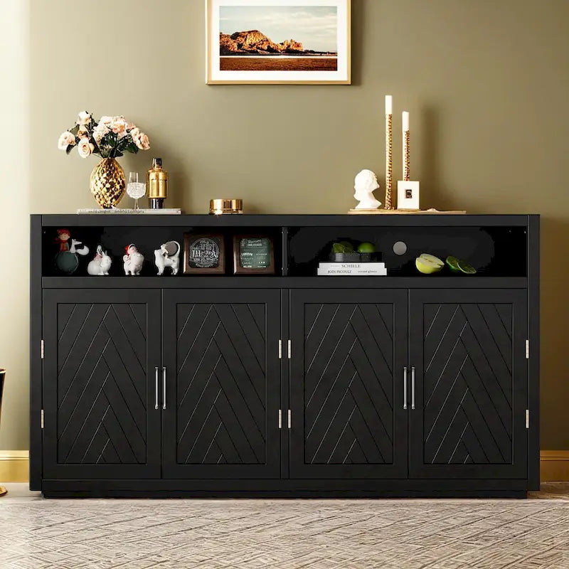 Buffet 4 portes à chevrons avec étagère ouverte et rangement réglable, noir