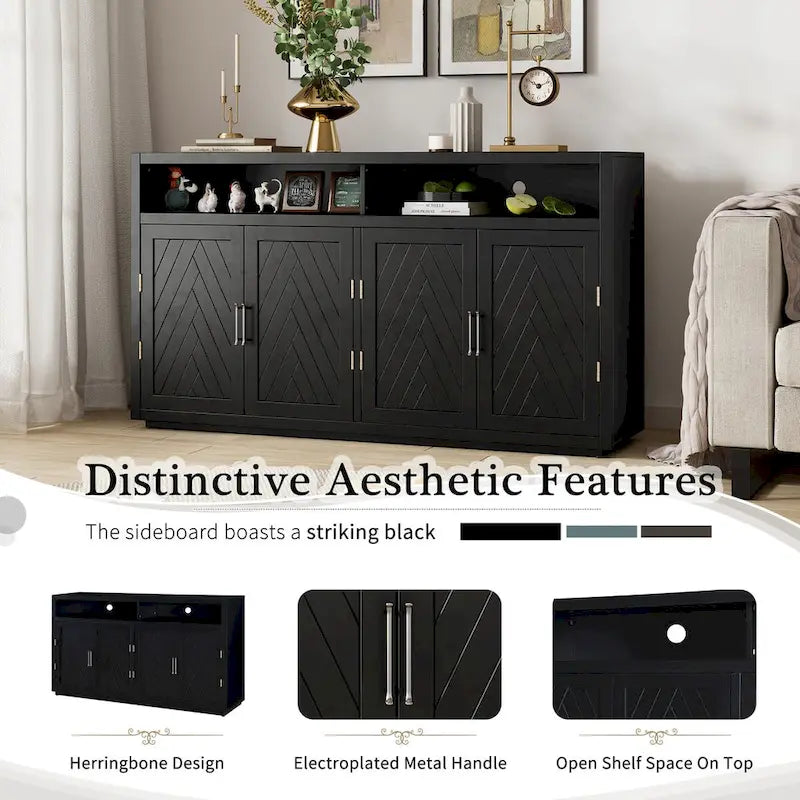 Buffet 4 portes à chevrons avec étagère ouverte et rangement réglable, noir
