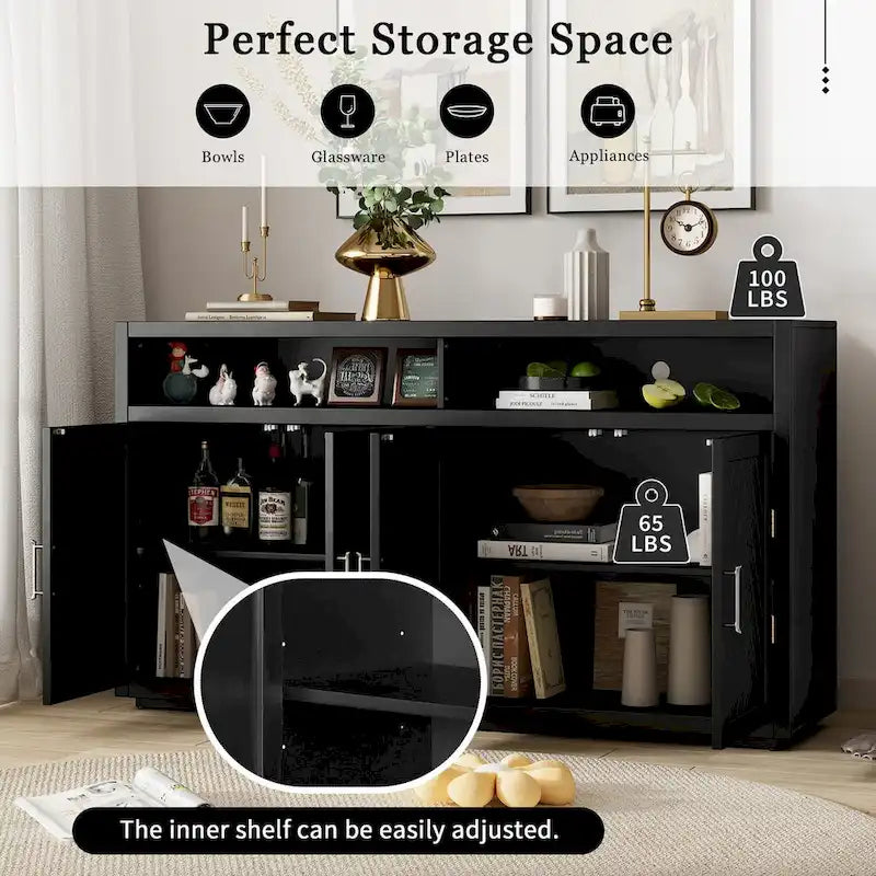 Buffet 4 portes à chevrons avec étagère ouverte et rangement réglable, noir