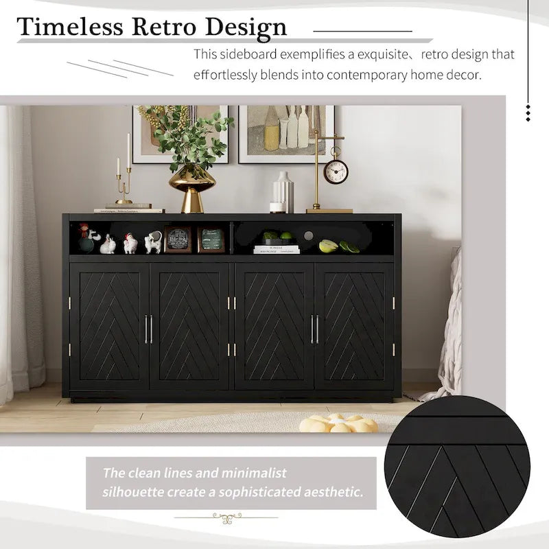 Buffet 4 portes à chevrons avec étagère ouverte et rangement réglable, noir