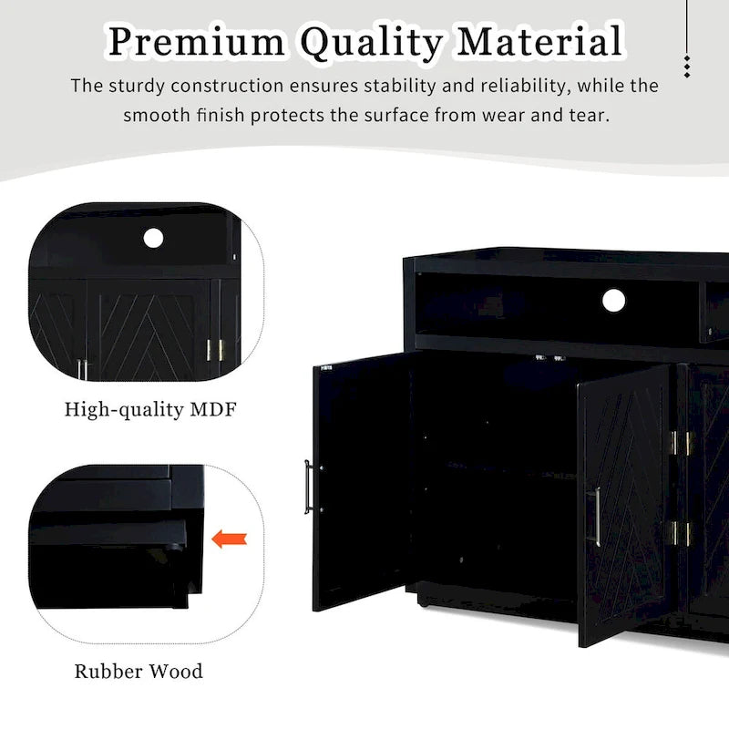 Buffet 4 portes à chevrons avec étagère ouverte et rangement réglable, noir