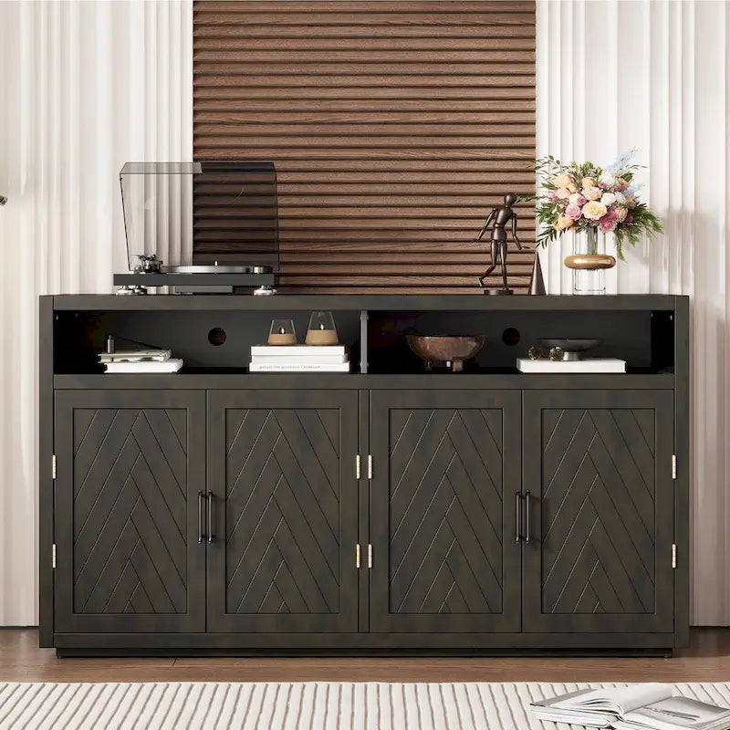 Buffet 4 portes à chevrons avec étagère ouverte et rangement réglable, noir
