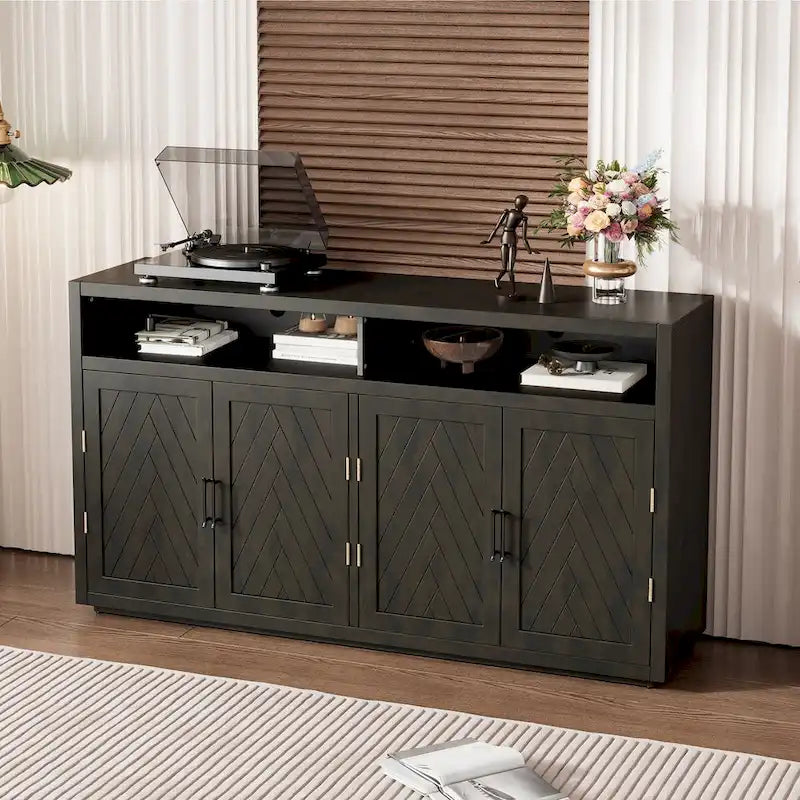 Buffet 4 portes à chevrons avec étagère ouverte et rangement réglable, noir