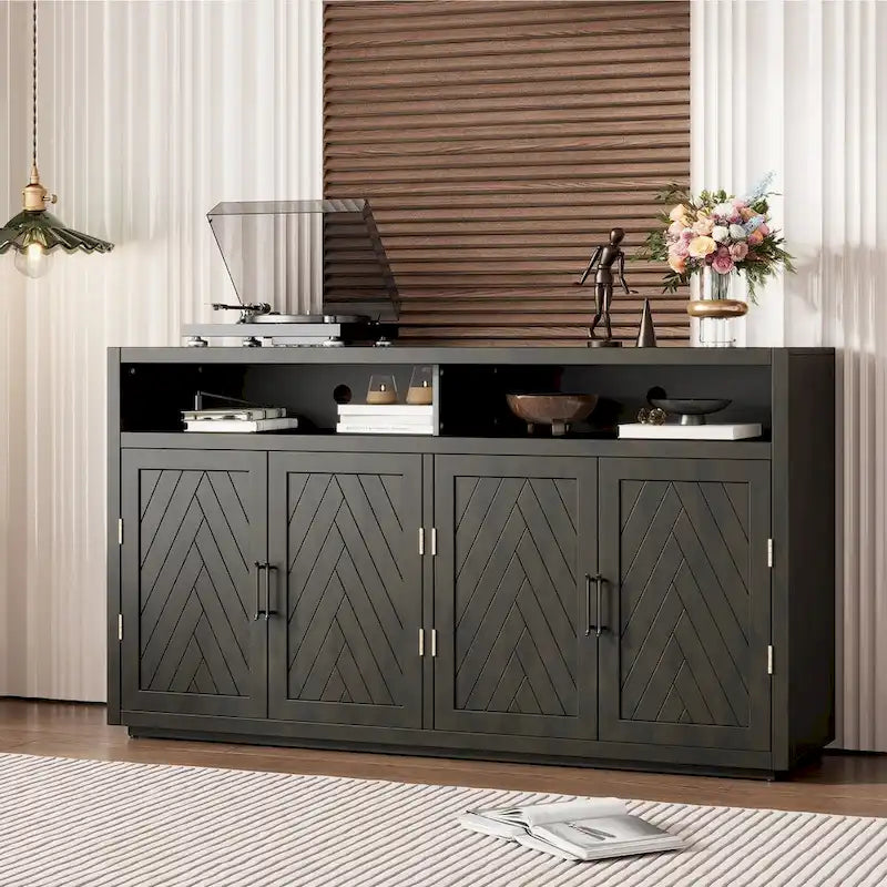 Buffet 4 portes à chevrons avec étagère ouverte et rangement réglable, noir