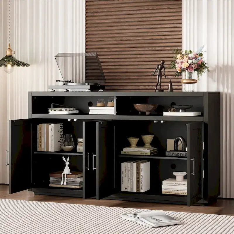 Buffet 4 portes à chevrons avec étagère ouverte et rangement réglable, noir
