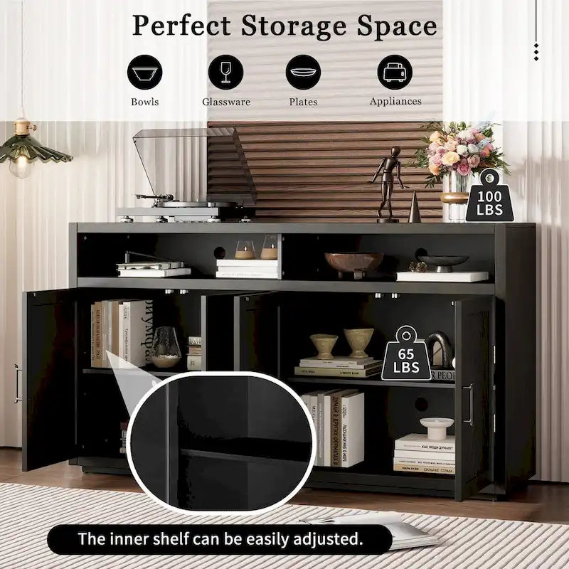 Buffet 4 portes à chevrons avec étagère ouverte et rangement réglable, noir