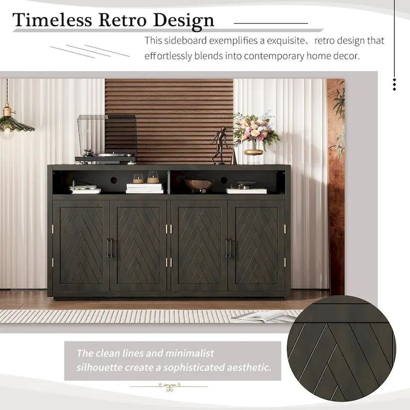 Buffet 4 portes à chevrons avec étagère ouverte et rangement réglable, noir