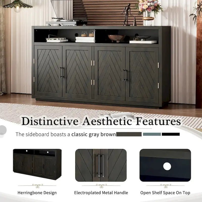 Buffet 4 portes à chevrons avec étagère ouverte et rangement réglable, noir