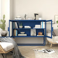 Buffet de rangement en métal bleu avec portes en verre cannelé et étagères réglables