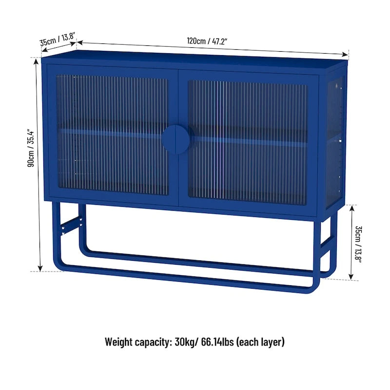 Buffet de rangement en métal bleu avec portes en verre cannelé et étagères réglables