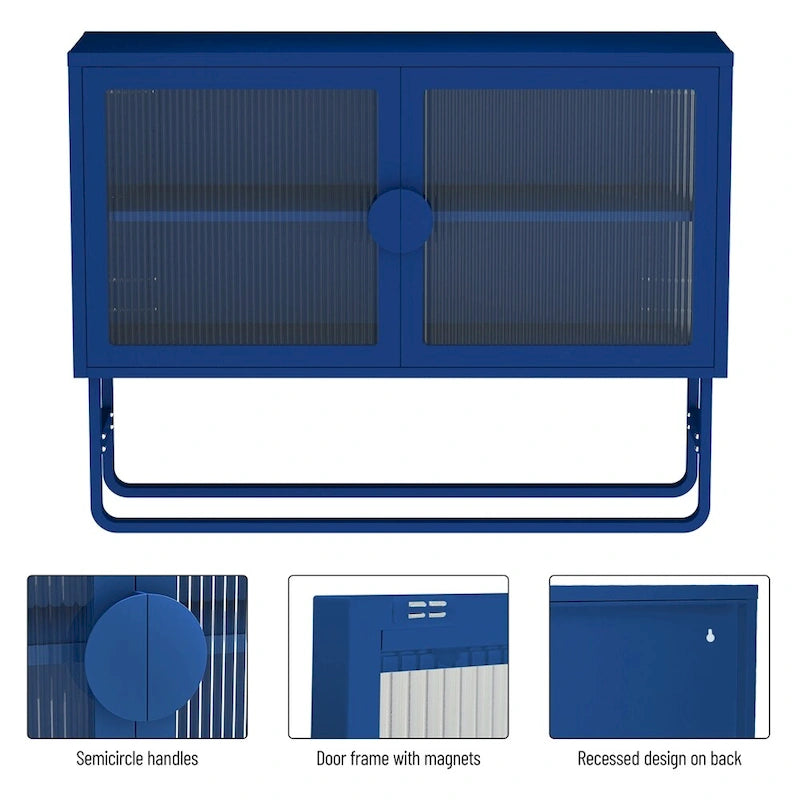 Buffet de rangement en métal bleu avec portes en verre cannelé et étagères réglables
