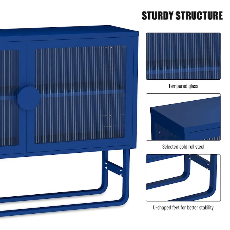 Buffet de rangement en métal bleu avec portes en verre cannelé et étagères réglables