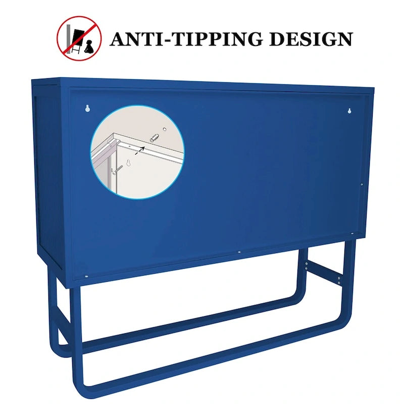 Buffet de rangement en métal bleu avec portes en verre cannelé et étagères réglables