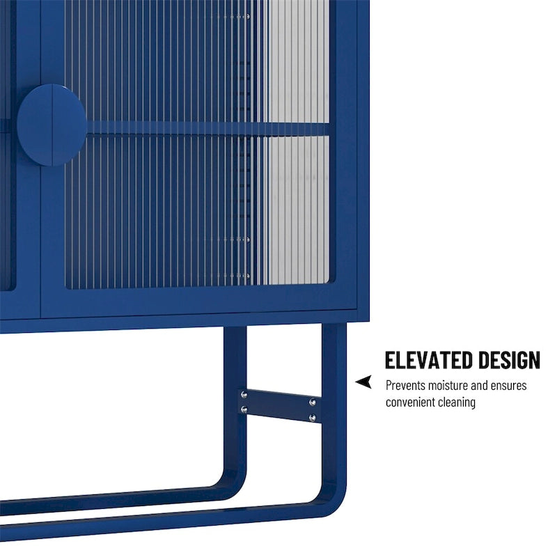 Buffet de rangement en métal bleu avec portes en verre cannelé et étagères réglables