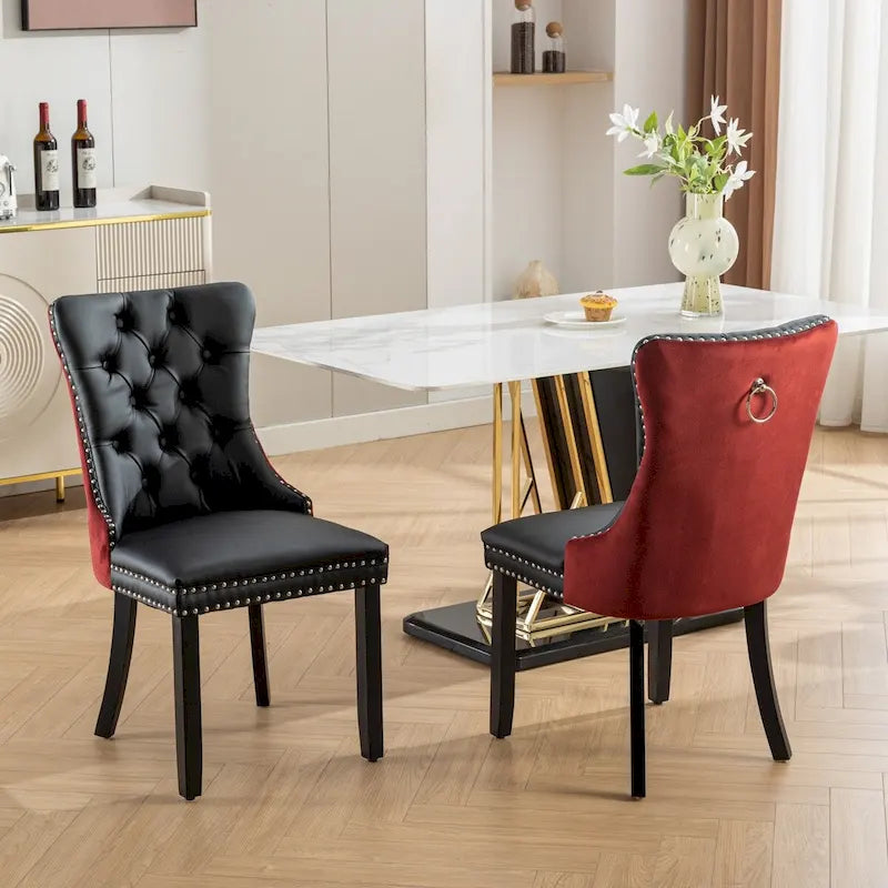 Chaise de salle à manger capitonnée avec clous décoratifs, noir et rouge