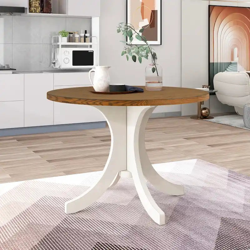 Table à manger ronde du milieu du siècle avec plateau en noyer et piétement central blanc
