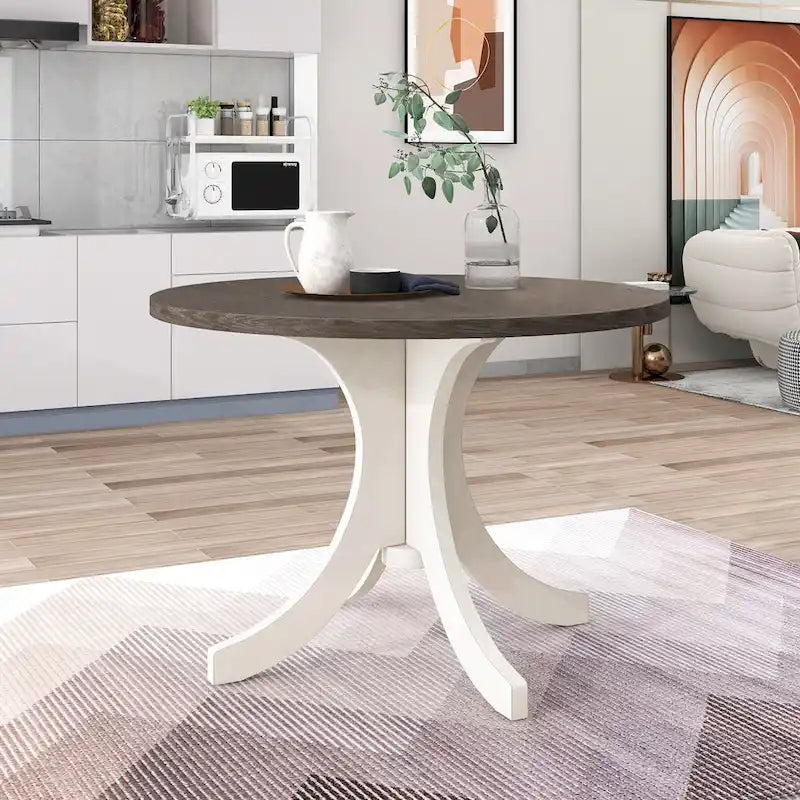 Table à manger ronde du milieu du siècle avec plateau en noyer et piétement central blanc