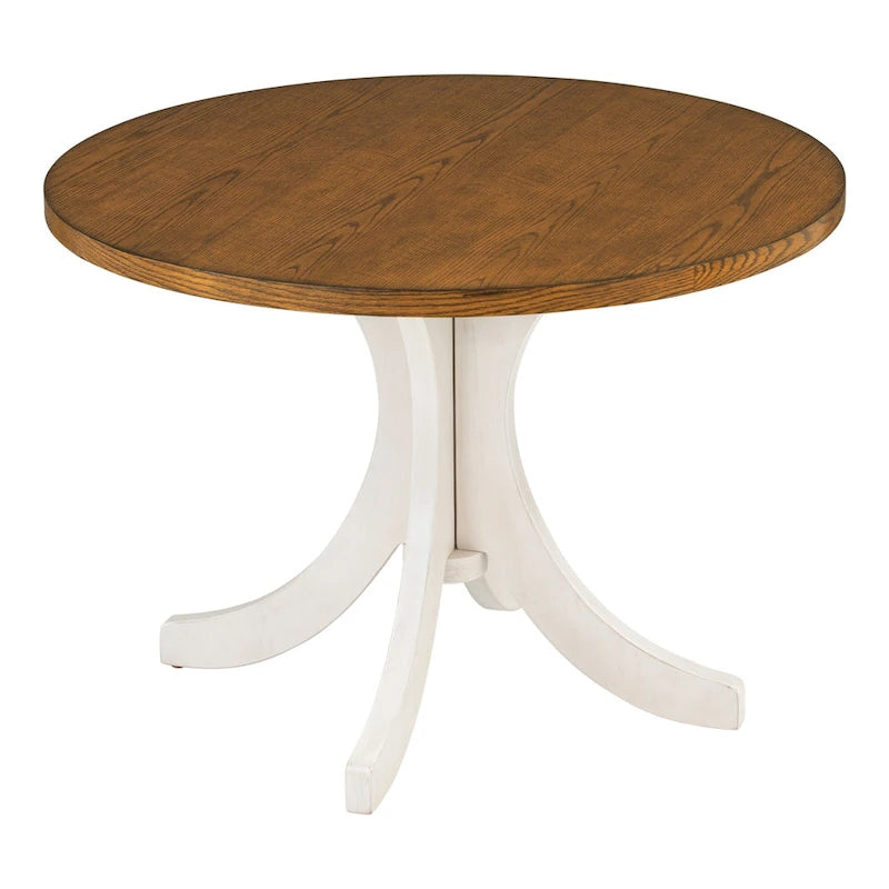 Table à manger ronde du milieu du siècle avec plateau en noyer et piétement central blanc
