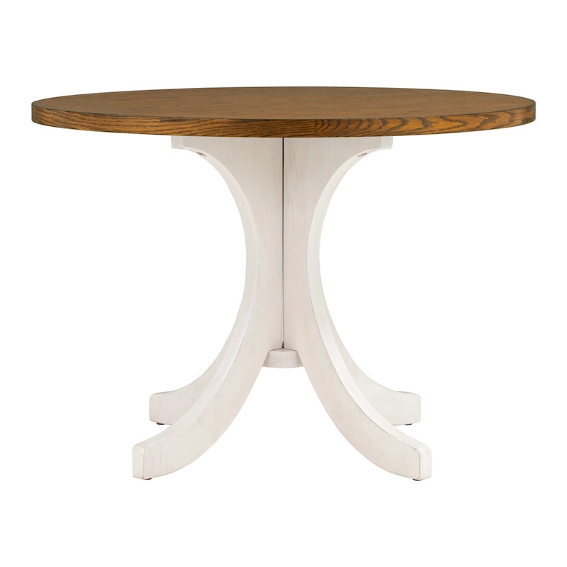 Table à manger ronde du milieu du siècle avec plateau en noyer et piétement central blanc
