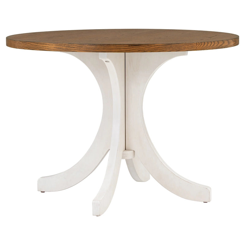 Table à manger ronde du milieu du siècle avec plateau en noyer et piétement central blanc