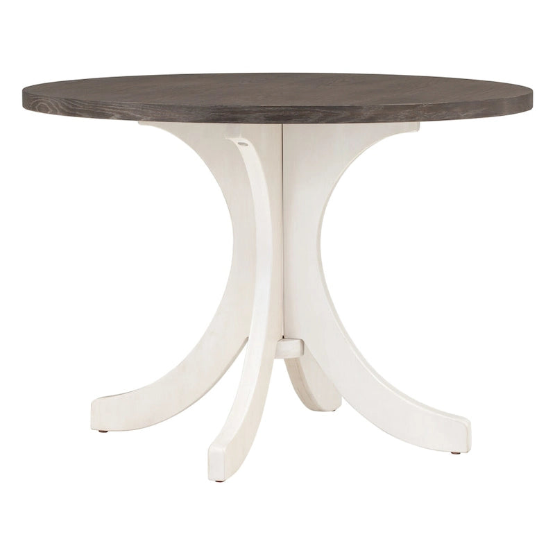 Table à manger ronde du milieu du siècle avec plateau en noyer et piétement central blanc