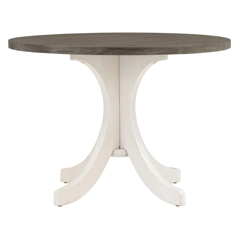 Table à manger ronde du milieu du siècle avec plateau en noyer et piétement central blanc