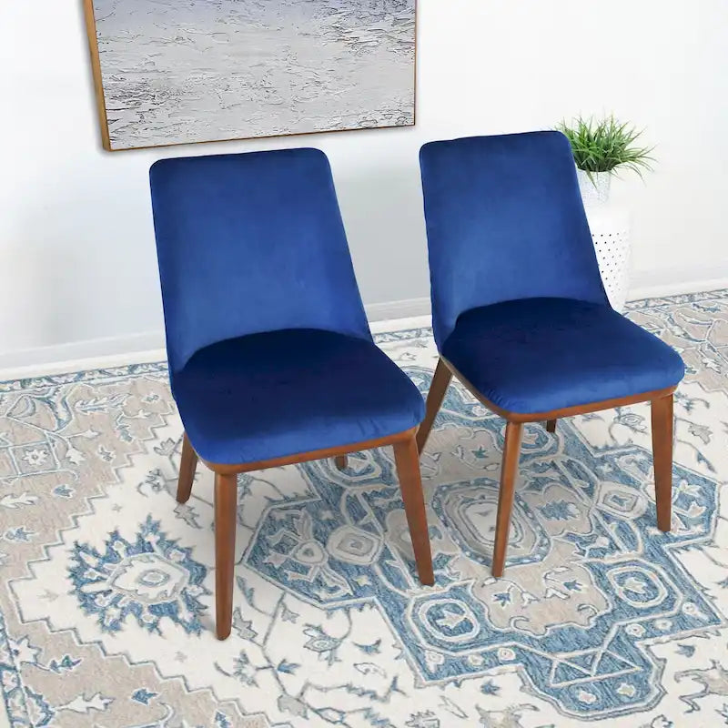 Chaise de salle à manger en velours capitonné de style Mid-Century avec pieds en bois massif, bleu marine