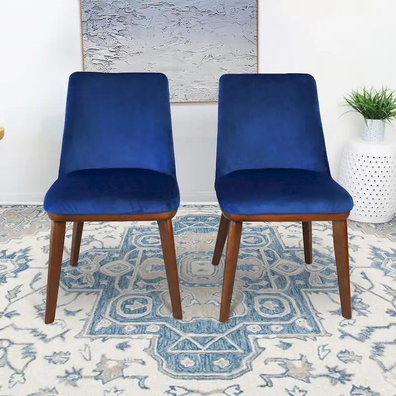 Chaise de salle à manger en velours capitonné de style Mid-Century avec pieds en bois massif, bleu marine